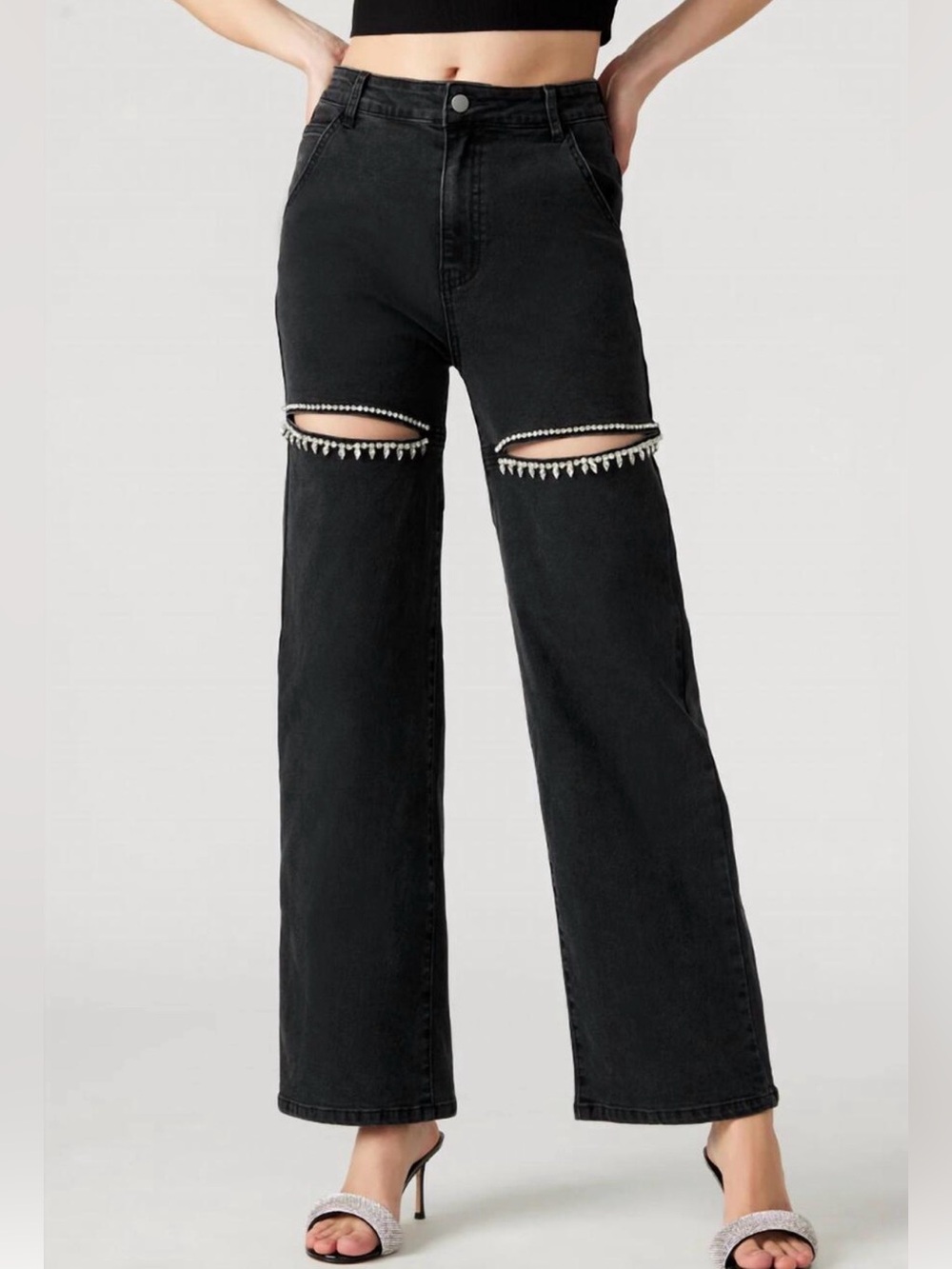 NWT Steve Madden Taylor Rhinestone Cutout Wide Leg Jeans Black 27
